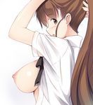  blush breasts brown_eyes brown_hair gengoroh large_breasts long_hair looking_at_viewer nipples open_mouth ponytail simple_background solo taneshima_popura white_background working!! 