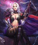  bad_deviantart_id bad_id banned_artist bow_(weapon) breasts cape cleavage cloud cloudy_sky crossbow crossed_legs gauntlets large_breasts lips long_hair looking_at_viewer mountain navel original pants pauldrons red_eyes scarf sitting sky solo tongue tongue_out weapon white_hair yinan_cui 