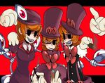  arm_around_neck bad_id bad_pixiv_id bow captain_kirb cigar commentary dress dress_shirt extra_eyes eye_socket fedora gloves hat highres looking_at_viewer matches mechanical_arms multiple_girls multiple_persona necktie older orange_hair peacock_(skullgirls) red_background red_eyes sharp_teeth shirt short_hair simple_background skullgirls smile smoke teeth time_paradox top_hat white_gloves 