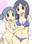  bikini blue_hair breasts gradient gradient_background long_hair multiple_girls naganohara_mio naganohara_yoshino nichijou open_mouth short_hair short_twintails siblings sisters smile swimsuit zubatto 