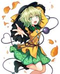  beckoning blush boots eyeball floral_print green_eyes green_hair hand_on_headwear hand_up hat hat_ribbon heart heart-shaped_pupils heart_of_string jpeg_artifacts komeiji_koishi long_sleeves looking_at_viewer open_hand open_mouth outstretched_arm petals ribbon shirt short_hair simple_background skirt smile solo string symbol-shaped_pupils third_eye touhou uruu_gekka white_background wide_sleeves 