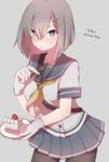  bad_id bad_pixiv_id black_legwear blue_eyes cake character_name collarbone cowboy_shot food food_on_face fork gloves grey_background grey_hair hair_ornament hairclip hamakaze_(kantai_collection) highres kantai_collection looking_at_viewer open_mouth pantyhose pastry plate pleated_skirt school_uniform serafuku short_sleeves simple_background skirt solo suihei_sen twitter_username white_gloves 