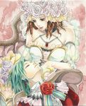  asellus_(saga_frontier) bad_id bad_pixiv_id brown_hair closed_eyes curly_hair dress earrings eyelashes flower green_hair hair_flower hair_ornament headdress jewelry lipstick makeup multiple_girls necklace princess_white_rose red_lipstick rose saga saga_frontier slinkyui strapless strapless_dress traditional_media watercolor_(medium) 