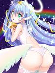  angel artist_request ass back backboob backless_outfit bare_shoulders blue_hair breasts ear_wings from_behind gradient gradient_background green_eyes hair_ribbon leotard lidde_(niji_hamo) long_hair looking_at_viewer looking_back open_mouth ribbon shiny shiny_skin solo star starry_sky stars thighhighs very_long_hair white_legwear wings 