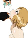  1boy 1girl blue_eyes condom condom_drain copy cum cum_in_mouth cum_on_tongue facial finger_in_mouth fingerless_gloves gloves gokkun nude pokemon pokemon_(anime) satoshi_(pokemon) serena_(pokemon) short_hair simple_background tongue 