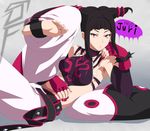  black_hair bracelet capcom character_name feet fingerless_gloves gloves gradient gradient_background han_juri highres jewelry kimuchi midriff nail_polish no_shoes purple_eyes soles solo spiked_bracelet spikes stiky_finkaz street_fighter street_fighter_iv toes twintails yin_yang 