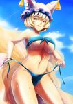  bikini blonde_hair blue_bikini blue_nails blue_sky breasts cloud collarbone cowboy_shot day fox_tail front-tie_top hat highres large_breasts looking_at_viewer multiple_tails nail_polish navel short_hair sinzan sky solo swimsuit tail thighs touhou untying wet yakumo_ran yellow_eyes 