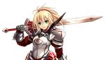  armor blonde_hair clarent fate/apocrypha fate_(series) gauntlets green_eyes highres kujira_jio mordred_(fate) mordred_(fate)_(all) over_shoulder ponytail solo sword sword_over_shoulder transparent_background weapon weapon_over_shoulder 