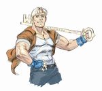 1boy blonde_hair blue_eyes casual cody_travers diepod facial_hair fingerless_gloves gloves good_end jacket key male_focus muscle older open_clothes open_jacket oversized_object simple_background sleeves_rolled_up solo street_fighter stubble tank_top 