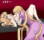  aurora_(disney) blonde_hair blue_eyes blush breast_sucking breasts closed_eyes company_connection crossover disney dress highres kokuchuutei long_hair lying medium_breasts multiple_girls on_back purple_dress rapunzel_(disney) saliva sleeping_beauty tangled tears translation_request very_long_hair yuri 