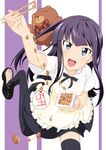  apron bangs black_legwear blunt_bangs blush chopsticks commentary_request daisy_(working!!) food highres loafers long_hair nattou open_mouth pocho purple_eyes purple_hair shoe_dangle shoes skirt smile solo stuffed_animal stuffed_toy teddy_bear thighhighs tsurime waitress working!! yamada_aoi zettai_ryouiki 