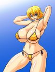  armpits arms_behind_head bikini blonde_hair blue_eyes breasts cameltoe covered_nipples huge_breasts igawa_sakura large_breasts micro_bikini navel short_hair side-tie_bikini simple_background smile solo swimsuit taimanin_(series) taimanin_asagi thighs wrato 