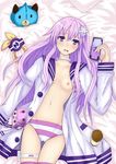  bad_id bad_pixiv_id blush breasts clothes_removed hair_ornament highres honke_ganso long_hair nepgear neptune_(series) nipples open_mouth purple_eyes purple_hair smile solo stuffed_animal stuffed_toy thigh_strap thighhighs 