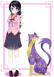  bad_id bad_pixiv_id bakemonogatari black_hair braid cat crossover gen_5_pokemon glasses hanekawa_tsubasa liepard long_hair monogatari_(series) necktie pokemon pokemon_(creature) purple_eyes school_uniform standing twin_braids yamae_saki 