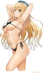  atago_(kantai_collection) beret bikini black_bikini blonde_hair breasts green_eyes hat isshiki_(ffmania7) kantai_collection large_breasts long_hair micro_bikini side-tie_bikini smile solo swimsuit twitter_username 