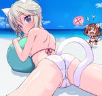  &gt;_&lt; anastasia_(idolmaster) animal_ears ass ball beach beachball bikini blue_eyes blush brown_hair cameltoe cat_ears cat_tail chibi closed_eyes day fang from_behind idolmaster idolmaster_cinderella_girls k10k looking_at_viewer looking_back lying maekawa_miku multiple_girls on_stomach open_mouth ponytail short_hair silver_hair spread_legs swimsuit tail trefoil white_bikini 