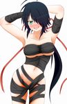  ahoge amezuku arms_behind_head bandages black_hair blush breasts collarbone commentary_request cowboy_shot green_eyes hair_over_one_eye hair_ribbon highres kako_(kantai_collection) kantai_collection large_breasts long_hair looking_at_viewer messy_hair naked_bandage navel open_mouth ponytail remodel_(kantai_collection) ribbon simple_background smile solo white_background 