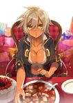  bad_id bad_pixiv_id blazblue blazblue:_chronophantasma breasts bullet_(blazblue) cake cleavage collarbone dark_skin food from_above gift hyakuhachi_(over3) large_breasts looking_at_viewer mapo_doufu midriff navel scar short_hair silver_hair solo spoon tofu yellow_eyes 