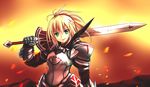  armor blonde_hair clarent fate/apocrypha fate_(series) gauntlets green_eyes highres kujira_jio mordred_(fate) mordred_(fate)_(all) over_shoulder ponytail solo sword sword_over_shoulder weapon weapon_over_shoulder 