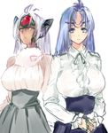  aqua_eyes blue_eyes blue_hair breasts dark_skin kos-mos large_breasts long_hair meme_attire multiple_girls negresco purple_hair simple_background t-elos virgin_killer_outfit white_background xenosaga 