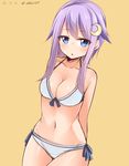 akky_(akimi1127) arms_behind_back artist_name bikini blush breasts cleavage collarbone crescent crescent_hair_ornament dated hair_ornament halterneck highres image_sample kantai_collection looking_at_viewer navel number purple_hair short_hair_with_long_locks simple_background solo swimsuit thigh_gap twitter_sample twitter_username white_bikini yayoi_(kantai_collection) yellow_background 