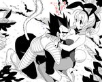  1girl animal_ears armor between_breasts blurry boots bow bowtie breast_rest breast_smother breasts bulma bunny_ears bunny_tail bunnysuit depth_of_field dragon_ball dragon_ball_(classic) dragon_ball_z fake_animal_ears head_between_breasts high_heels kanekiyo_miwa leotard medium_breasts monochrome pantyhose ponytail spiked_hair sweat tail vegeta 