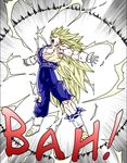  ! 1boy blonde_hair boots dragon_ball dragonball_z earrings gloves green_eyes jewelry long_hair male_focus muscle open_mouth simple_background solo solo_focus super_saiyan super_saiyan_3 teeth tongue torn_clothes vegetto very_long_hair 
