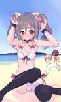  animal_ears beach bikini breasts brown_hair cat_ears day drill_hair green_eyes highres idolmaster idolmaster_cinderella_girls k10k kanzaki_ranko long_hair maekawa_miku medium_breasts multiple_girls producer_(idolmaster_cinderella_girls_anime) red_eyes silver_hair swimsuit thighhighs twin_drills twintails 