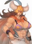  armor axe bikini_armor breasts brown_hair cleavage dragon_ball fumio_(rsqkr) genderswap genderswap_(mtf) gyuu_mao helmet horns huge_breasts large_breasts muscle muscular_female simple_background solo weapon white_background 