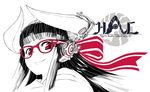  closed_mouth glasses headphones horned_girl_(jaco) horns jaco long_hair original portrait red-framed_eyewear red_eyes smile solo spot_color 