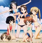  bad_id bad_twitter_id beach bikini black_eyes black_hair blonde_hair blue_eyes brown_eyes brown_hair buried cloud day girls_und_panzer ground_vehicle jpeg_artifacts lens_flare m3_lee maruyama_saki medium_tank military military_vehicle motor_vehicle multiple_girls official_art one-piece_swimsuit oono_aya outdoors sakaguchi_karina sand sawa_azusa sky starfish swimsuit tank utsugi_yuuki water yamagou_ayumi 