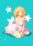  aqua_background arms_between_legs bad_id bad_pixiv_id bare_shoulders barefoot blonde_hair blush bracelet breasts cleavage dress flower full_body grass green_eyes hair_flower hair_ornament highres jewelry k_(sktchblg) petals pink_dress sakura_trick short_hair simple_background sitting small_breasts smile solo sonoda_yuu twintails v_arms wariza 