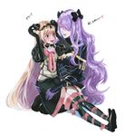  armor bad_id bad_pixiv_id black_armor blonde_hair boots breasts camilla_(fire_emblem_if) cleavage commentary_request elise_(fire_emblem_if) fire_emblem fire_emblem_if gauntlets gloves hair_ornament hair_over_one_eye hair_ribbon lips long_hair medium_breasts multiple_girls purple_hair red_eyes ribbon smile sophie_(693432) thigh_boots thighhighs translation_request very_long_hair zettai_ryouiki 