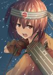  arrow brown_eyes brown_gloves brown_hair flight_deck gloves hachimaki headband hiryuu_(kantai_collection) japanese_clothes kantai_collection looking_to_the_side one_side_up open_mouth partly_fingerless_gloves remodel_(kantai_collection) short_hair solo tai_(nazutai) water_drop yugake 