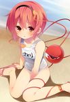  beach between_legs blush breasts collarbone dress flip-flops hairband hand_between_legs heart komeiji_satori looking_at_viewer name_tag nigo_(aozoragarou) old_school_swimsuit one-piece_swimsuit outdoors red_dress red_eyes sandals school_swimsuit sitting small_breasts solo swimsuit third_eye touhou wariza water white_school_swimsuit white_swimsuit 