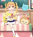  :d ahoge bad_id bad_tumblr_id bow brown_eyes brown_hair chalkboard check_(check_book) commentary_request couch creature crossed_legs cushion electric_guitar guitar hair_bow hikaru_(houkago_no_pleiades) houkago_no_pleiades instrument music open_mouth origami playing_instrument plectrum pleiadean sailor_collar school_uniform shoes sitting skirt smile telecaster twintails white_legwear 