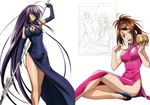  2girls bachou_mouki blue_eyes breasts dress highres ikkitousen kan&#039;u_unchou kan'u_unchou large_breasts long_hair multiple_girls official_art open_mouth simple_background yellow_eyes 