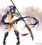  1girl armor black_panties blue_eye blue_eyes breasts dark_skin female ikkitousen kan&#039;u_unchou kan'u_unchou large_breasts long_hair looking_at_viewer official_art panties ponytail purple_hair skirt solo spear standing underboob underwear weapon 