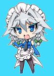  adapted_costume alternate_costume apron blue_background blue_eyes braid chibi detached_sleeves izayoi_sakuya latex looking_at_viewer maid_headdress necktie open_mouth pantyhose short_hair silver_hair simple_background smile solo tajima_yuuki touhou twin_braids waving 