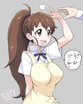 :d apron bowieknife breasts brown_eyes brown_hair commentary_request frills grey_background impossible_clothes large_breasts long_hair open_mouth ponytail ribbon signature simple_background smile solo_focus taneshima_popura translated waitress working!! 