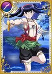  armpits black_hair black_shorts card_(medium) collarbone flat_chest hair_ornament hairband hand_on_hip holding holding_sword holding_weapon ikkitousen looking_at_viewer navel pirate pirate_costume pirate_ship red_hairband saber_(weapon) saji_genpou_(true) shorts solo sword twintails weapon yellow_eyes 