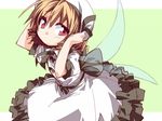  blonde_hair dress drill_hair fairy_wings hat hemogurobin_a1c looking_at_viewer luna_child puffy_short_sleeves puffy_sleeves red_eyes sash short_sleeves solo touhou white_dress wings 