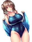  blush breasts brown_hair character_request competition_school_swimsuit curvy highres large_breasts looking_at_viewer one-piece_swimsuit original shiny shiny_skin short_hair simple_background solo swimsuit taut_clothes taut_swimsuit tsukumiya_amane twintails white_background yellow_eyes 