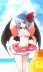  anime_coloring bat_wings beach bikini bikini_skirt blue_hair blush day hair_ribbon inflatable_armbands innertube looking_at_viewer lotion nakajou navel pink_bikini red_eyes remilia_scarlet ribbon sharp_teeth short_hair smile solo sunscreen sweat swimsuit teeth touhou wings 