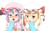  all_fours bat_wings blonde_hair blush commentary_request dress fang flandre_scarlet food hat hat_ribbon looking_at_viewer md5_mismatch mob_cap multiple_girls nedia_(nedia_region) open_mouth pink_dress popsicle pov puffy_short_sleeves puffy_sleeves purple_hair red_dress red_eyes remilia_scarlet ribbon sexually_suggestive shirt short_sleeves siblings side-by-side side_ponytail sisters thighhighs tongue tongue_out touhou white_legwear wings zettai_ryouiki 