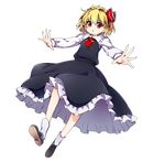  absurdres ascot baba_(baba_seimaijo) black_dress blonde_hair dress full_body hair_ribbon highres long_sleeves outstretched_arms red_eyes ribbon rumia shirt short_hair skirt solo tachi-e touhou transparent_background 