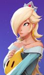  bare_shoulders blonde_hair blue_eyes carlos_eduardo chiko_(mario) crown earrings hair_over_one_eye highres jewelry lips long_hair looking_up mario_(series) rosetta_(mario) solo star super_mario_bros. super_mario_galaxy 