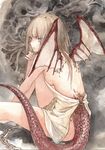  1girl back blonde_hair breasts brown_eyes chain dragon_girl dragon_tail dragon_wings graphite_(medium) highres long_hair medium_breasts original revealing_clothes scales sideboob sitting solo tail traditional_media watercolor_(medium) wings 