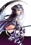  aoi_rando ass blush cape fang frills from_behind full_moon gloves gothic_wa_mahou_otome heike_(gothic_wa_mahou_otome) hood long_hair looking_at_viewer looking_back looking_up moon night no_panties no_shoes object_riding open_mouth scythe silver_hair sitting skull_mask smirk striped striped_legwear thighhighs yellow_eyes 