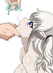  1boy 1girl blue_eyes breasts charlotte_(anime) chin_grab condom condom_drain copy cum cum_in_mouth cum_on_body cum_on_breasts cum_on_upper_body facial feeding finger_in_mouth gokkun open_mouth photoshop simple_background tomori_nao topless used_condom white_background white_hair 
